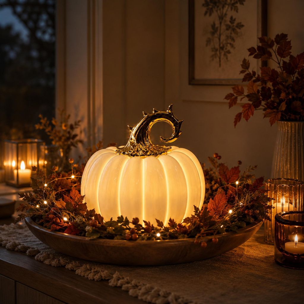 LED Porzellan Kürbis Klein Weiß Gold Herbstdeko warmweißes Produktbild 