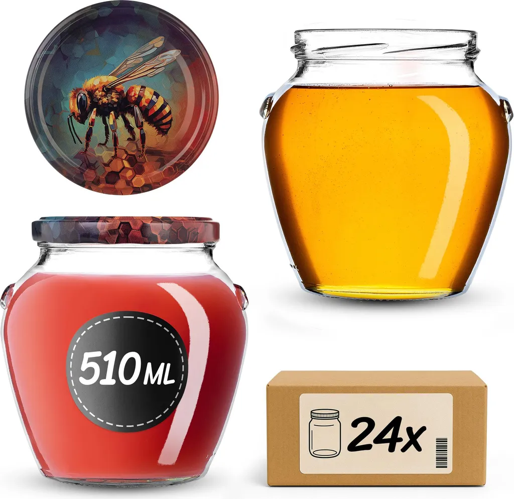 24 Barattoli KADAX 510ml per Conserve e Miele con Coperchio Ape fi82