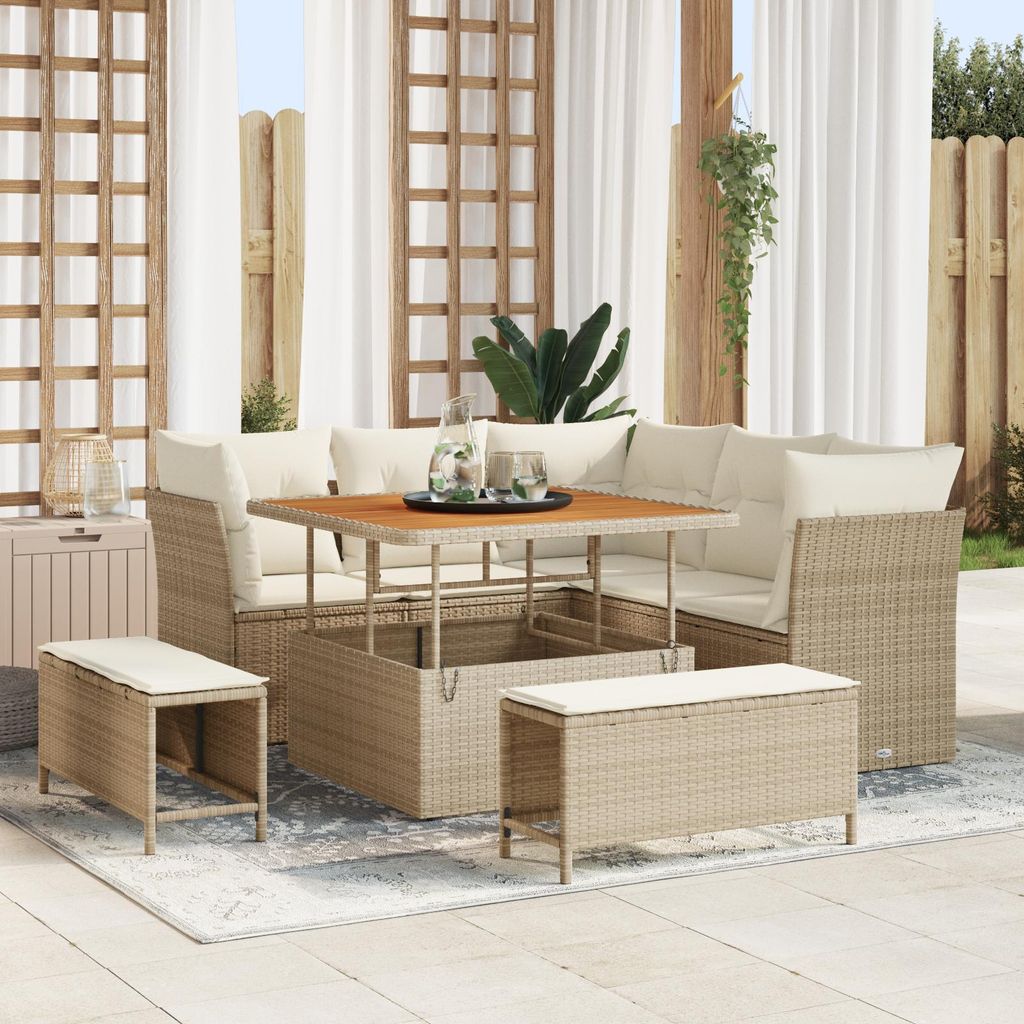 8-teilige Garten Sofagarnitur mit Kissen Beige Poly Rattan Akazie, Design Möbel Gartensofas Neu