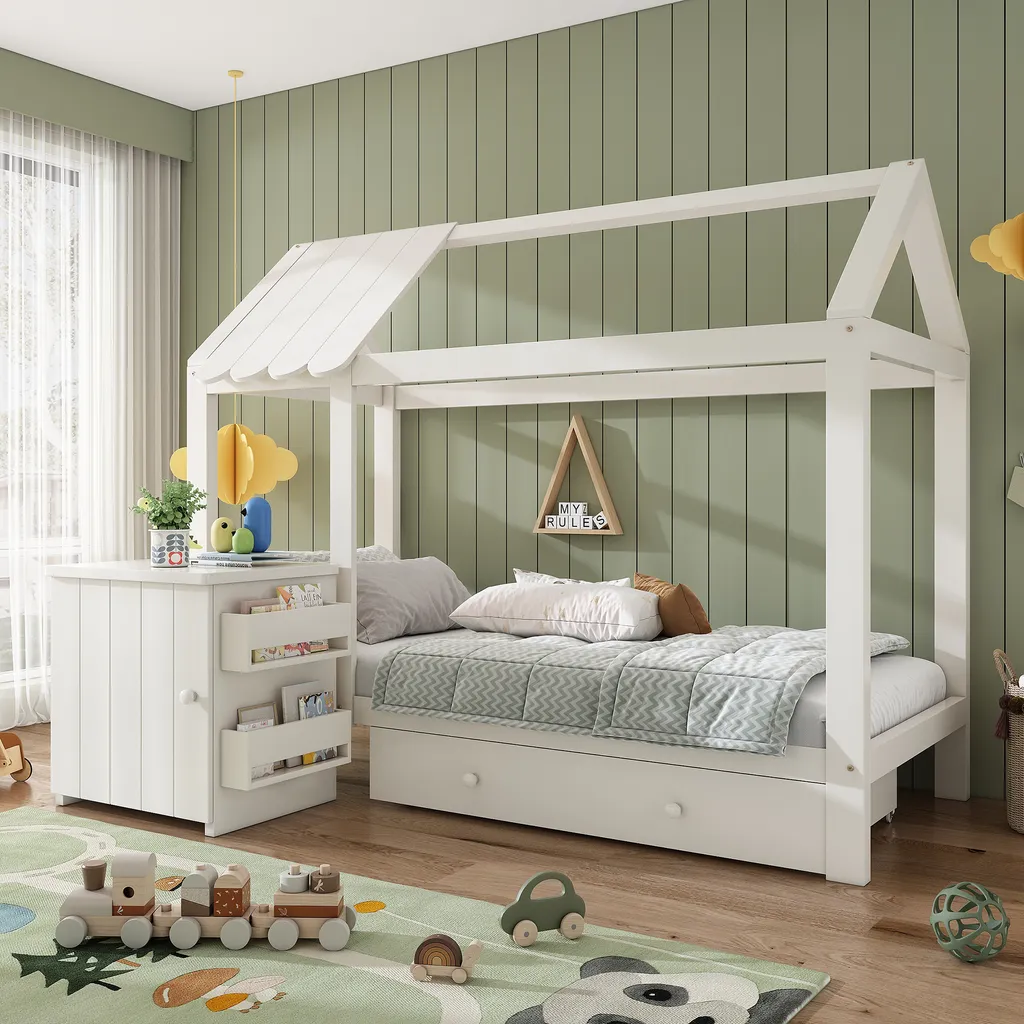 Lit cabane enfant 90x200cm Flieks blanc avec table de nuit et tiroir