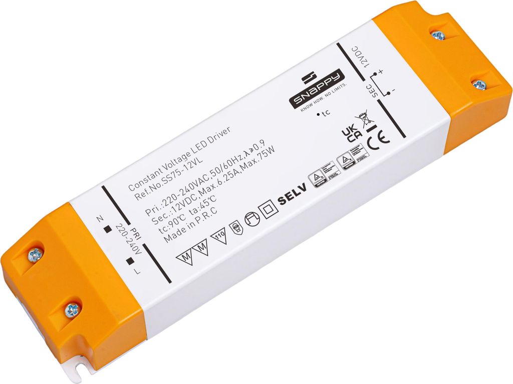 Snappy SS75-12VL – LED Netzteil 12V DC, 75W, Konstantspannung, IP20, PFC ≥ 0,9,
