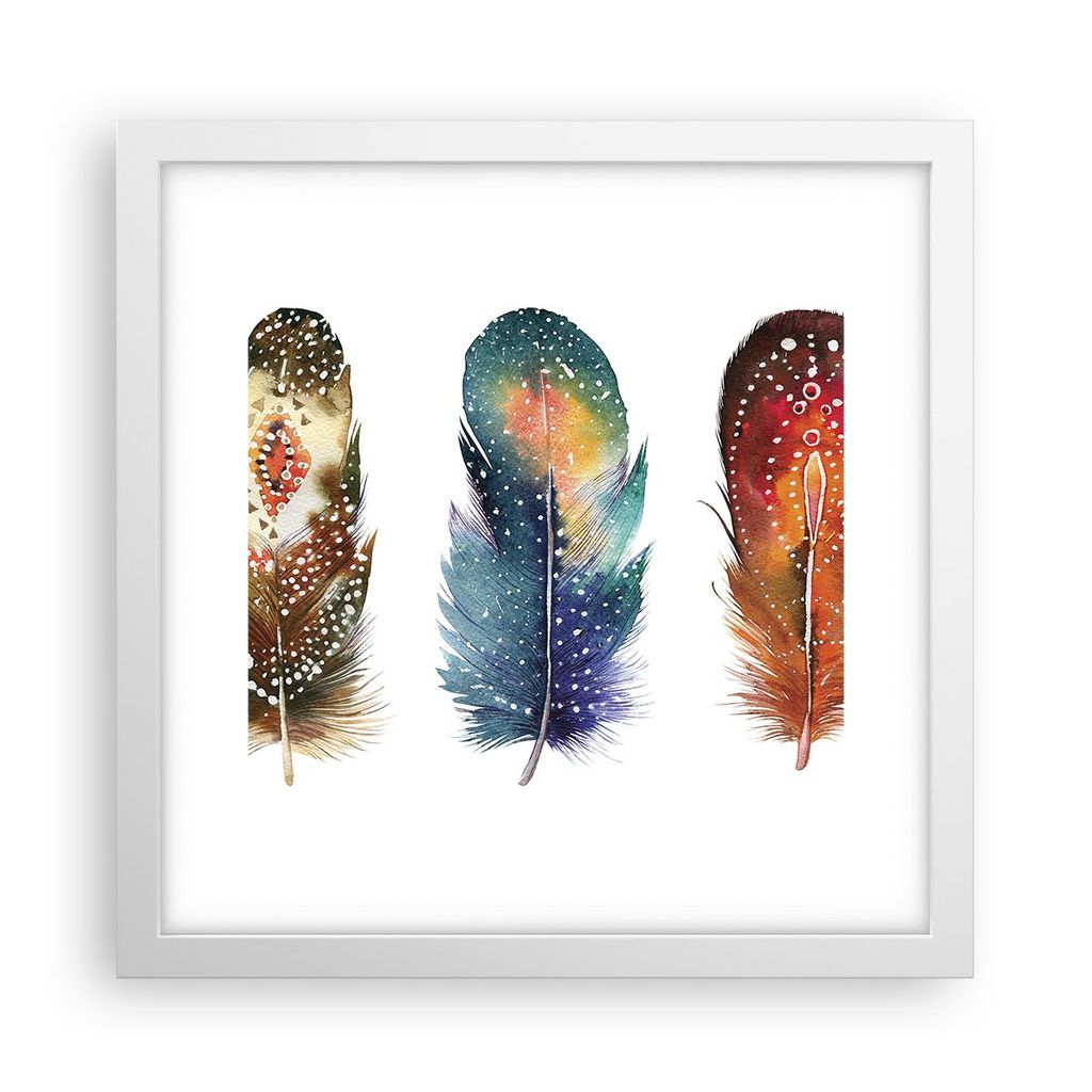 Gerahmtes Poster - Weißer Rahmen - Feder Vogel Farbe - 30x30 cm - Wand Bild - Wanddeko - Wandbilder - Kunstposter - Wandposter - Bilderrahmen - Bi...