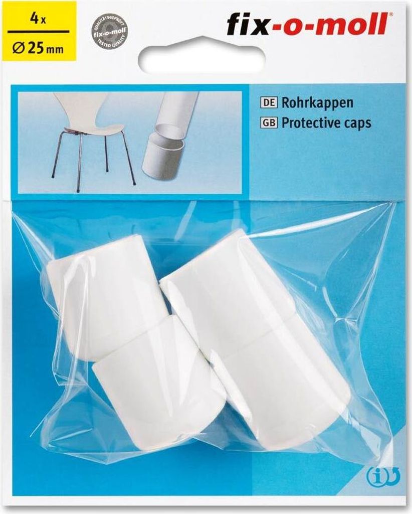 The image shows a retail package containing four white protective caps for pipes.
