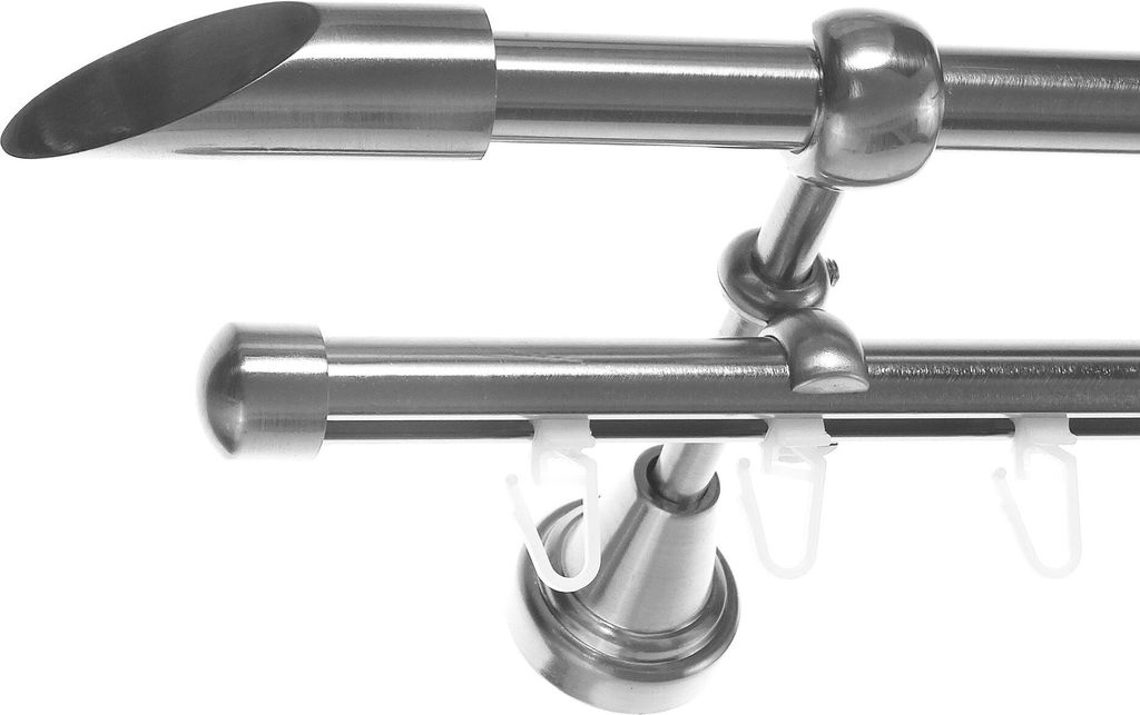 Gardinenstange Rohr und Innenlauf Edelstahl Look, Metall, Durchmesser 16mm, Wandträger H14RI, 2-läufig, Länge 180, Endkappe E15