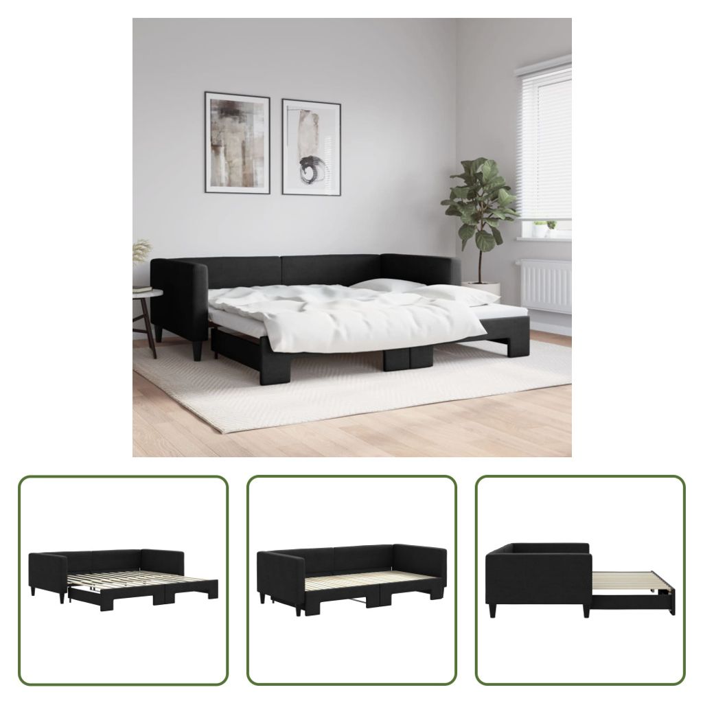 The Living Store Tagesbett Ausziehbar Schwarz 100x200 cm Stoff