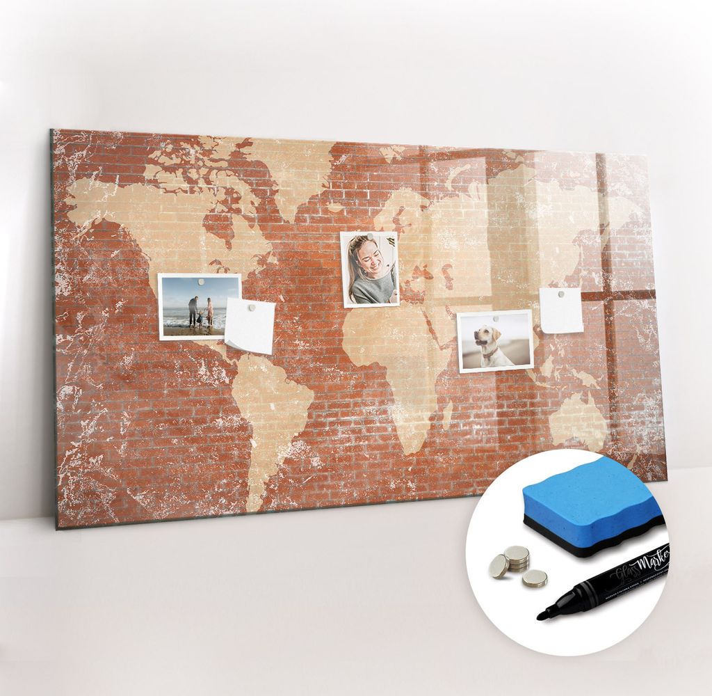 Magnetpinnwand Memoboard - Zubehörsatz - Schwarzer Marker + Schwamm + Magnete - 120 x 60 cm - Weltkarte auf Ziegelstein