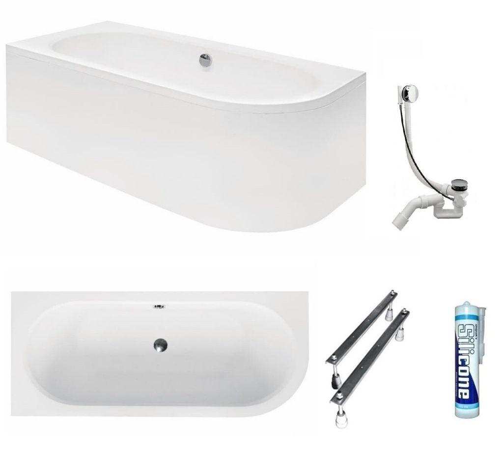 A collage of images showing a bathtub and its accessories.