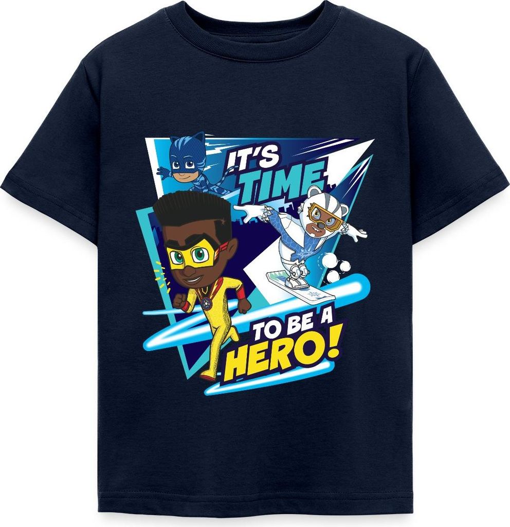 Spreadshirt PJ Masks It's Time To Be A Hero Mit Newton Star Kinder T-Shirt, 98/104 (3-4 Jahre), Navy