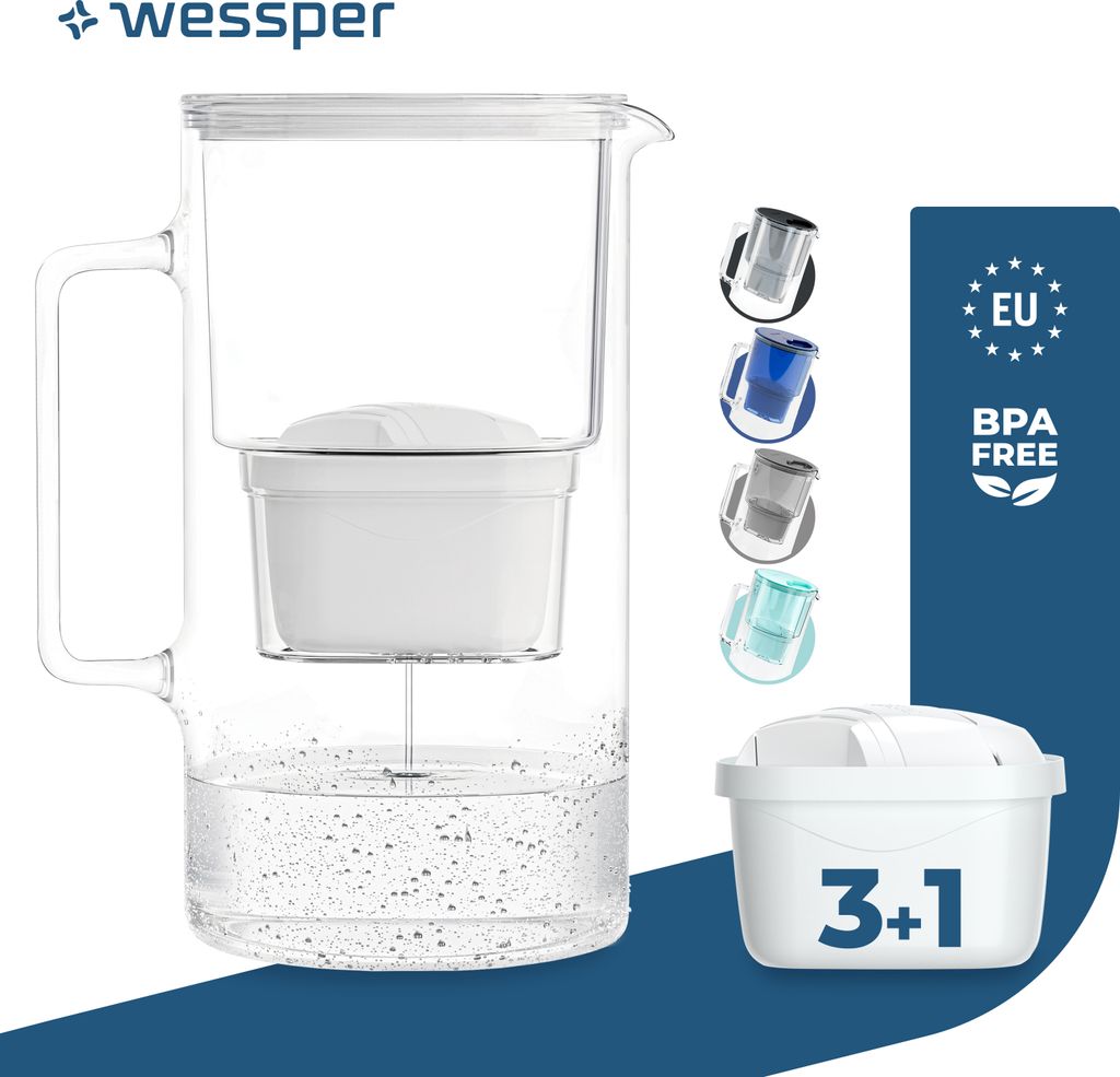 A water filter pitcher with multiple filter cartridges and branding.