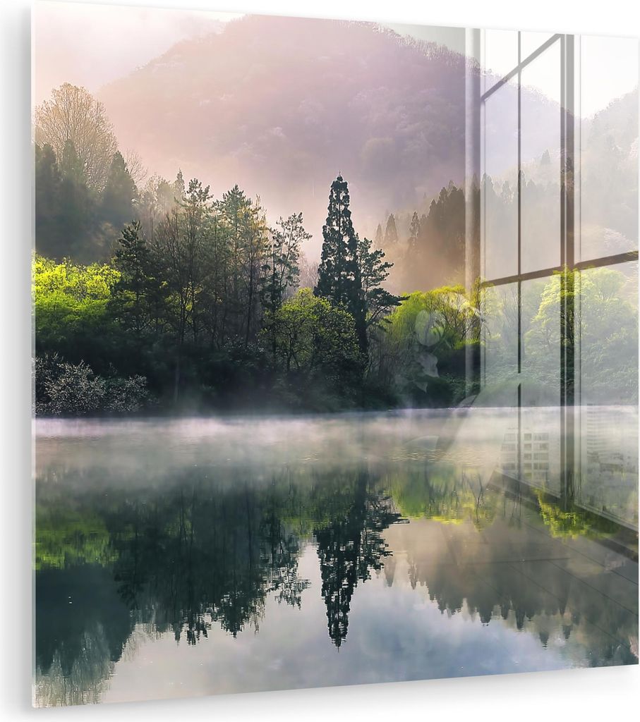 MuchoWow Glasbilder - Bilder auf Wandbild - Foto auf Glas Natur - Bäume - Berge - See - Wasser 90x90 cm Wanddekoration aus Glas - Acrylglasbild - ...