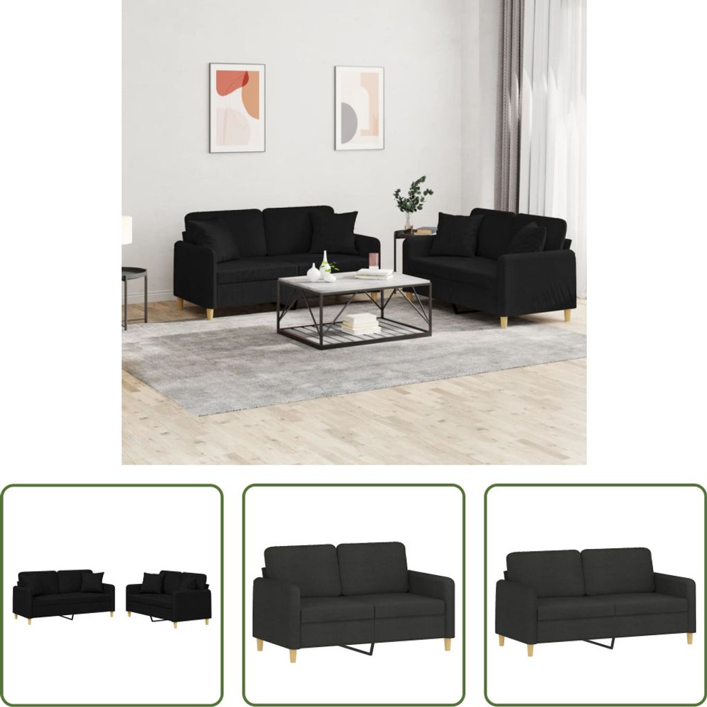 The Living Store 2-tlg. Sofagarnitur mit Kissen Schwarz Stoff