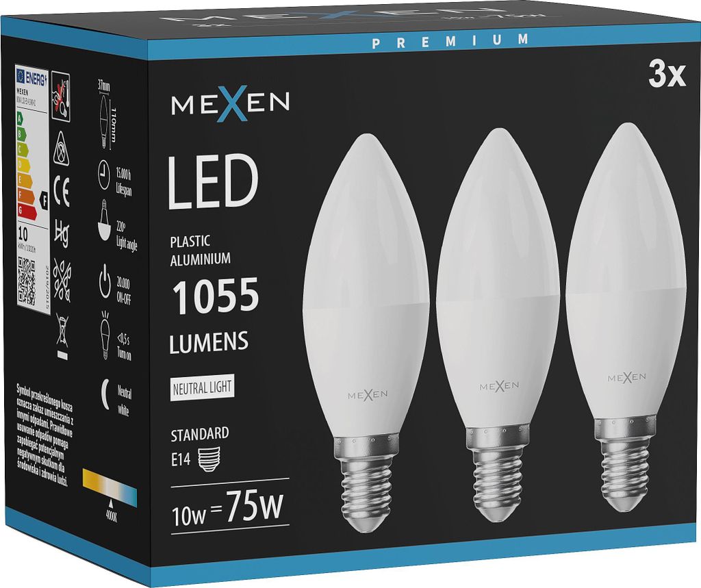 Mexen Nova 3x LED-Glühbirne E14, C37, 10W, Neutral - 4000K, Produktbild 