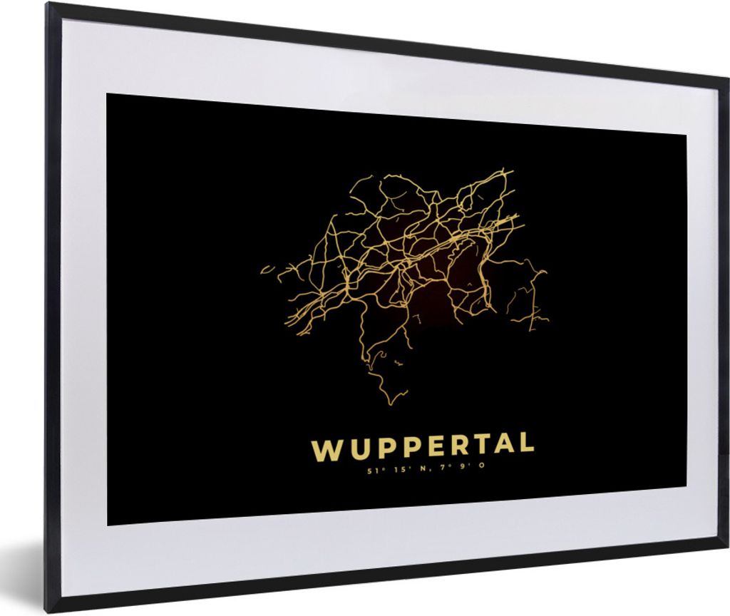 MuchoWow Gerahmtes Poster Stadtplan - Karte - Gold - Wuppertal - Karte 60x40 cm - Poster mit Schwarzem Bilderrahmen Wandposter Rahmen Foto Bilder...