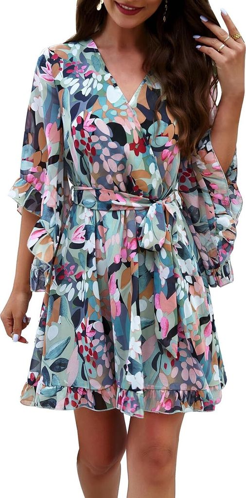 ASKSA Sommerkleid Damen Kurz Elegant Blumen Chiffon V-Ausschnitt Wickelkleid (Gruen,S)