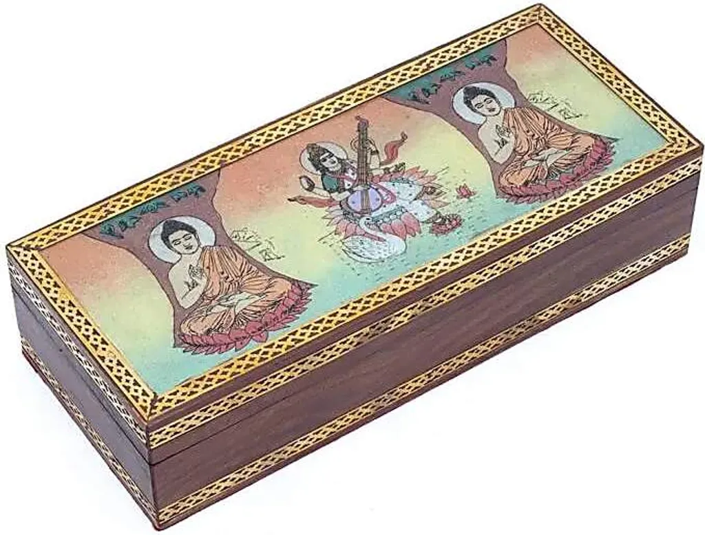 Coffret Tarot ou Bijoux Bouddha et Saraswati 26x11cm en Bois Sculpté