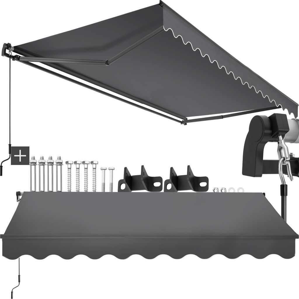 A dark gray retractable awning and its mounting hardware are displayed against a white background.