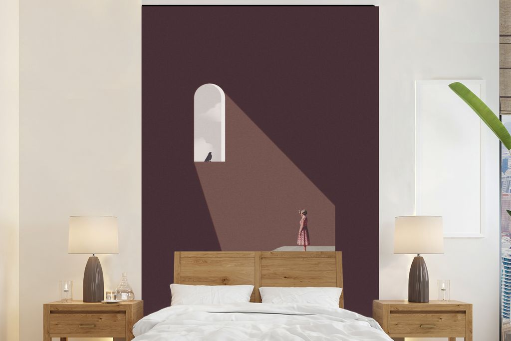 MuchoWow Fototapete für Wohnzimmer oder Schlafzimmer Wandtapete Vinyl Motivtapete Vintage - Vogel - Abstrakt - Mädchen - 180x280 cm - Wallpaper