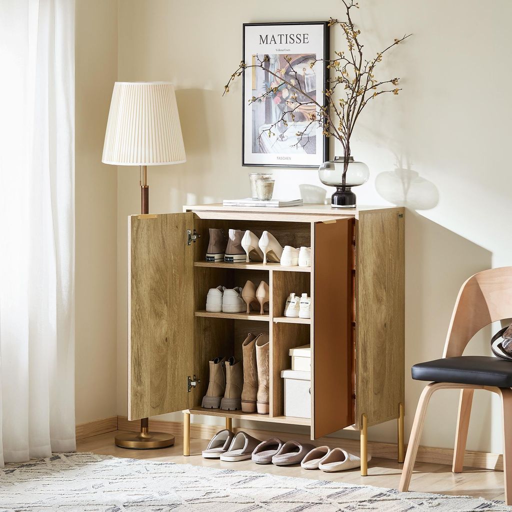 SoBuy FSB96-G Modernes Sideboard mit verspiegelten Glastüren und goldenen Buffet Metallbeinen Flurmöbel mit 5 Fächern und Regalen BHT ca. 83x100...