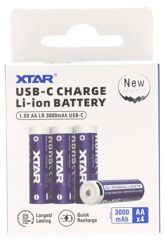 XTAR, 4 piles rechargeables Li-ion AA 1,5 V 3000 mAh – Image du produit 