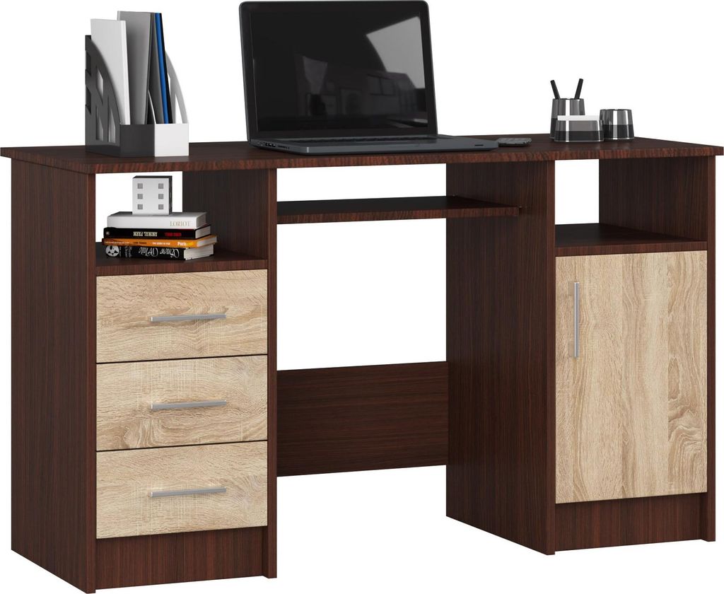 Schreibtisch – Bürotisch – Büroschreibtisch – ANA – 124 cm – Dunkelbraun / Sonoma Eiche – Großzügiger Arbeitsbereich mit viel Stauraum
