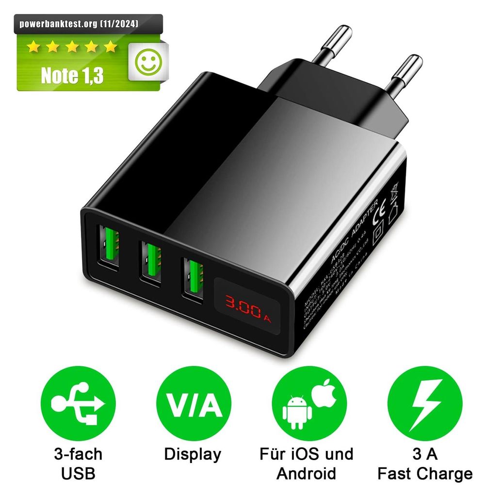 A black USB charger with multiple ports and a digital display, surrounded by green circular icons highlighting its features.
