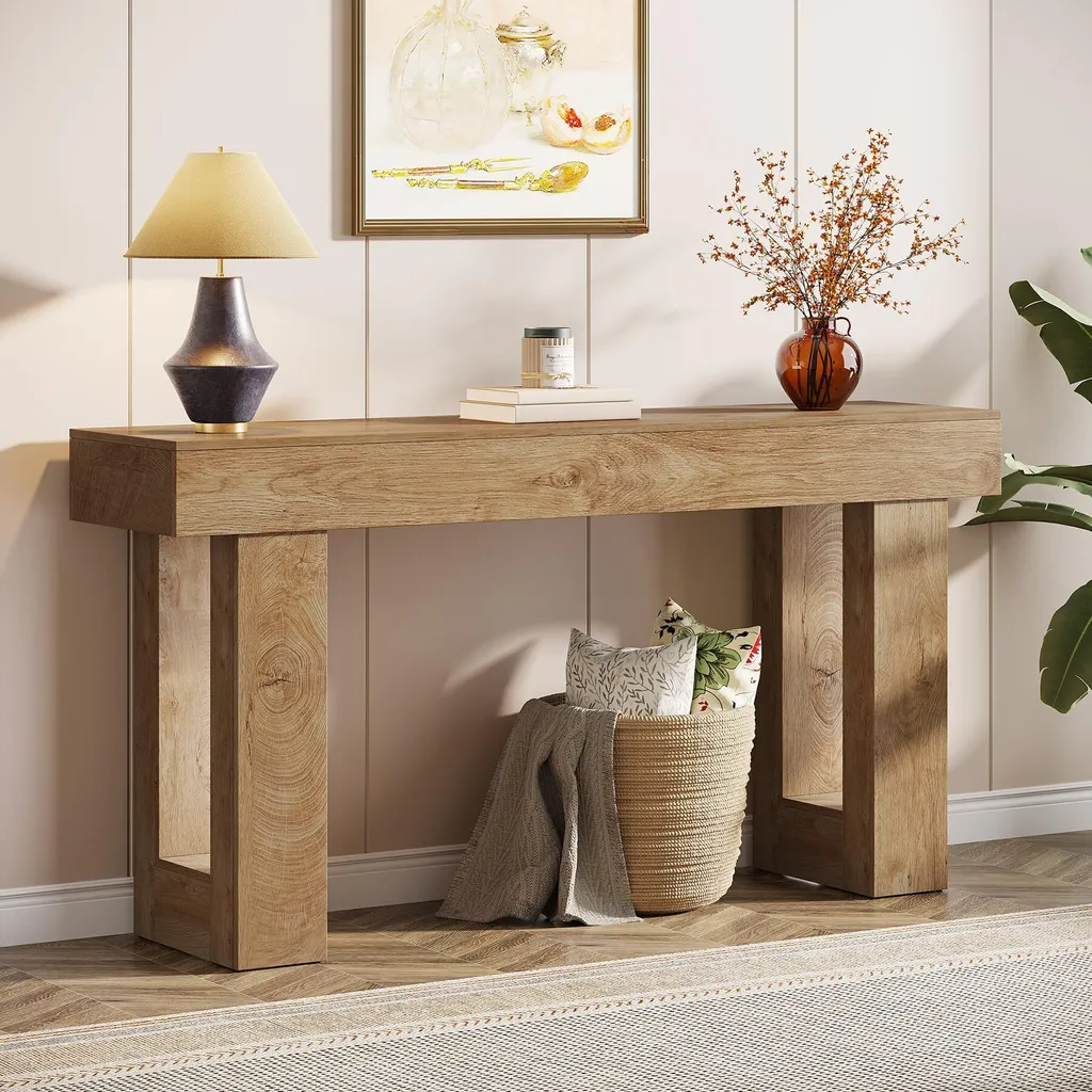 Table de Canapé 160 cm pour Salon, Console Déco Rectangulaire Bois Clair - 3