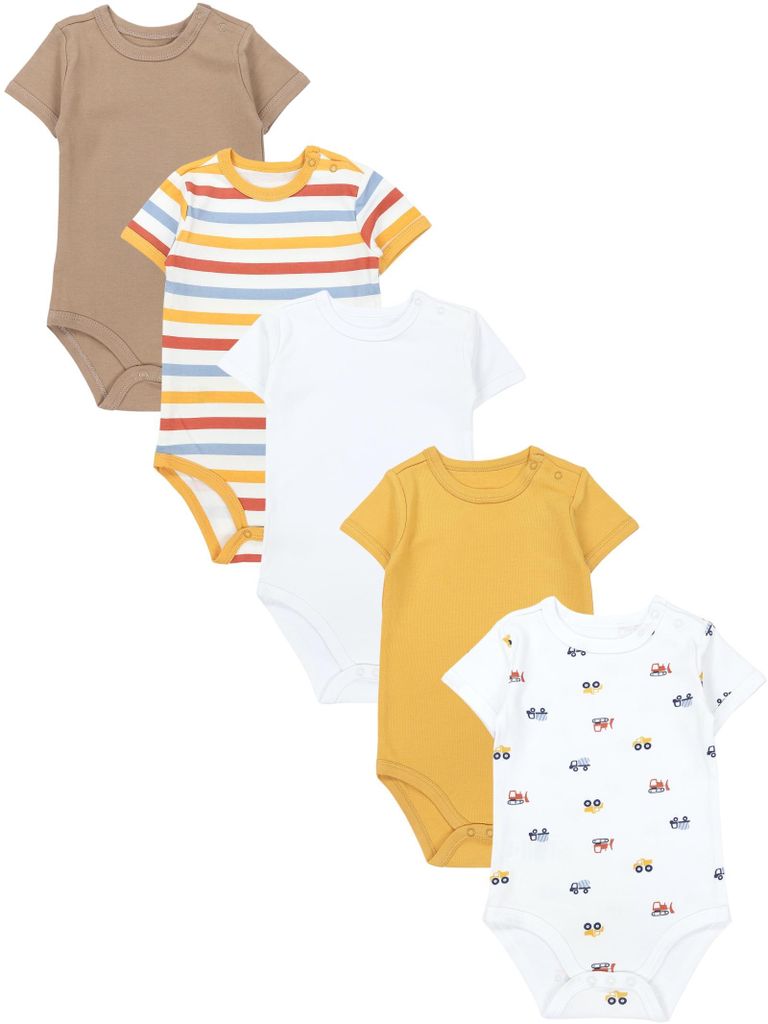 TupTam Baby Body Kurzarm – 5er Set Body Baby aus Baumwolle – Weicher, Atmungsaktiver Kurzarm Body Baby Jungen, Farbe: Beige_Gelb_Streifen_Autos...