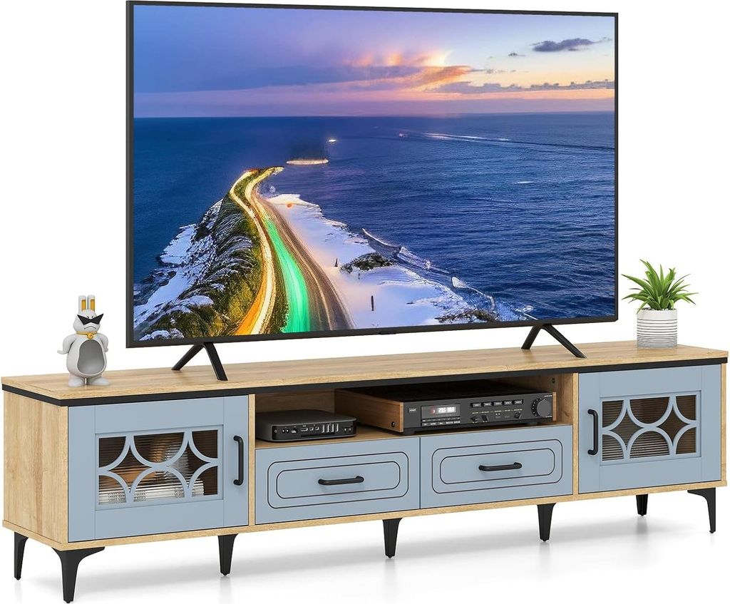 KOMFOTTEU TV-Lowboard für Fernseher bis 80 Zoll, TV-Bank, 2 Schrank mit Tür & offenen Regalen, TV-Möbel mit 2 Schubladen & Kabelloch, 180,5 x 35...