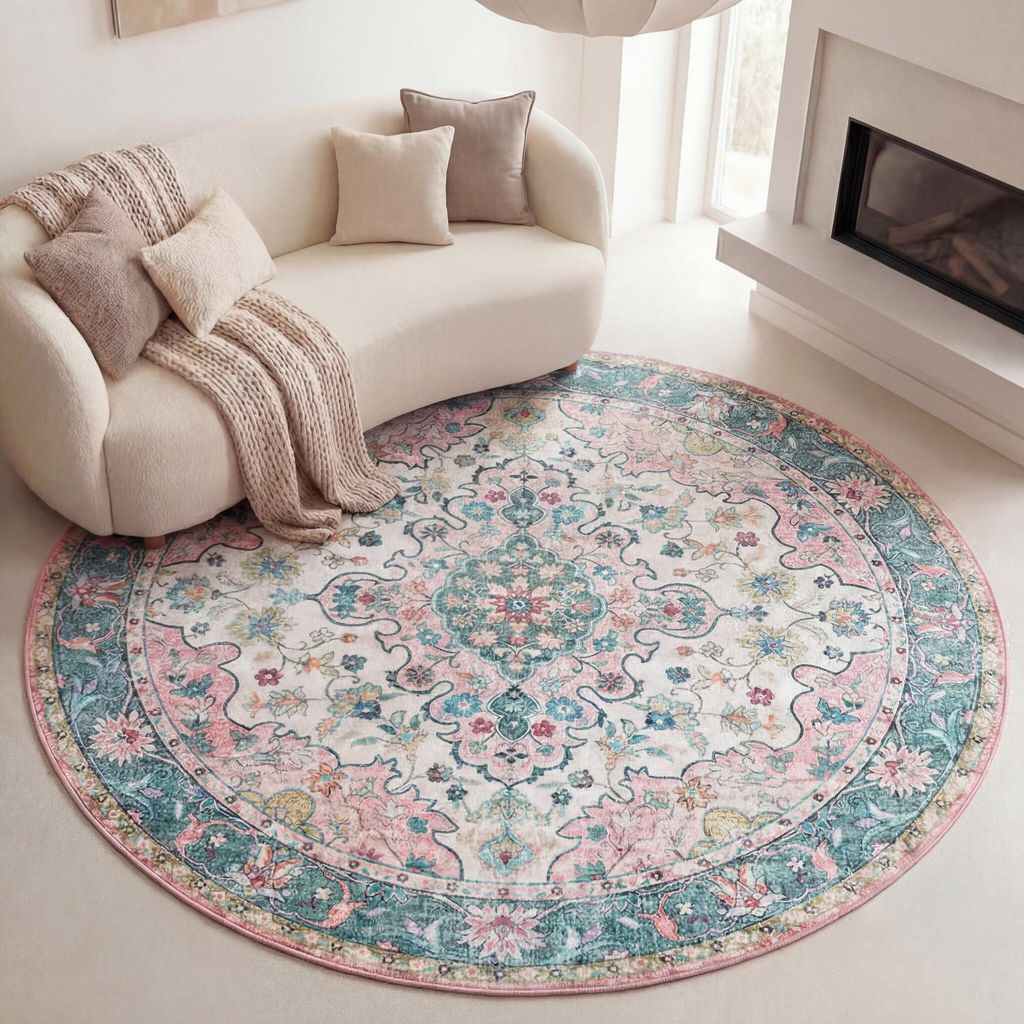 Volero - Teppich Vintage Rund - Lily Oriental Blau Rosa - Ø 120 cm - Wohnzimmer, Esszimmer, Schlafzimmer - Klassik