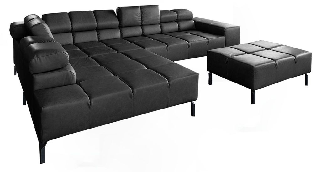 KAWOLA Sofa NELSON Ecksofa Leder schwarz mit motorischem Sitzvorzug und Hocker Recamiere links