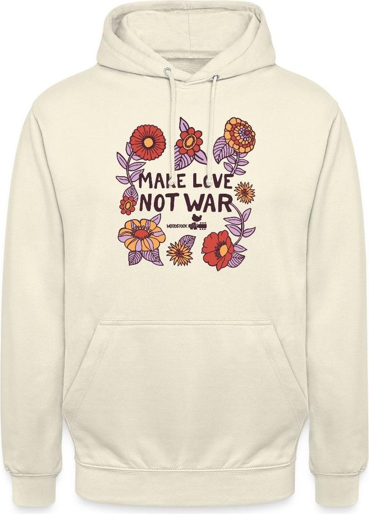 Spreadshirt Woodstock Make Love Not War Mit Blumen Rahmen Uni Hoodie, S, Vanille-Milchshake