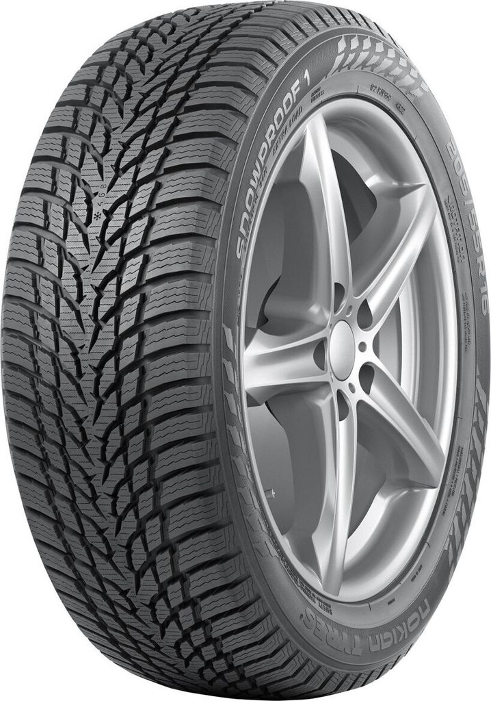 A close-up studio shot of a single Nokian Snowproof 1 tire mounted on a silver alloy wheel, presented against a plain white background.
