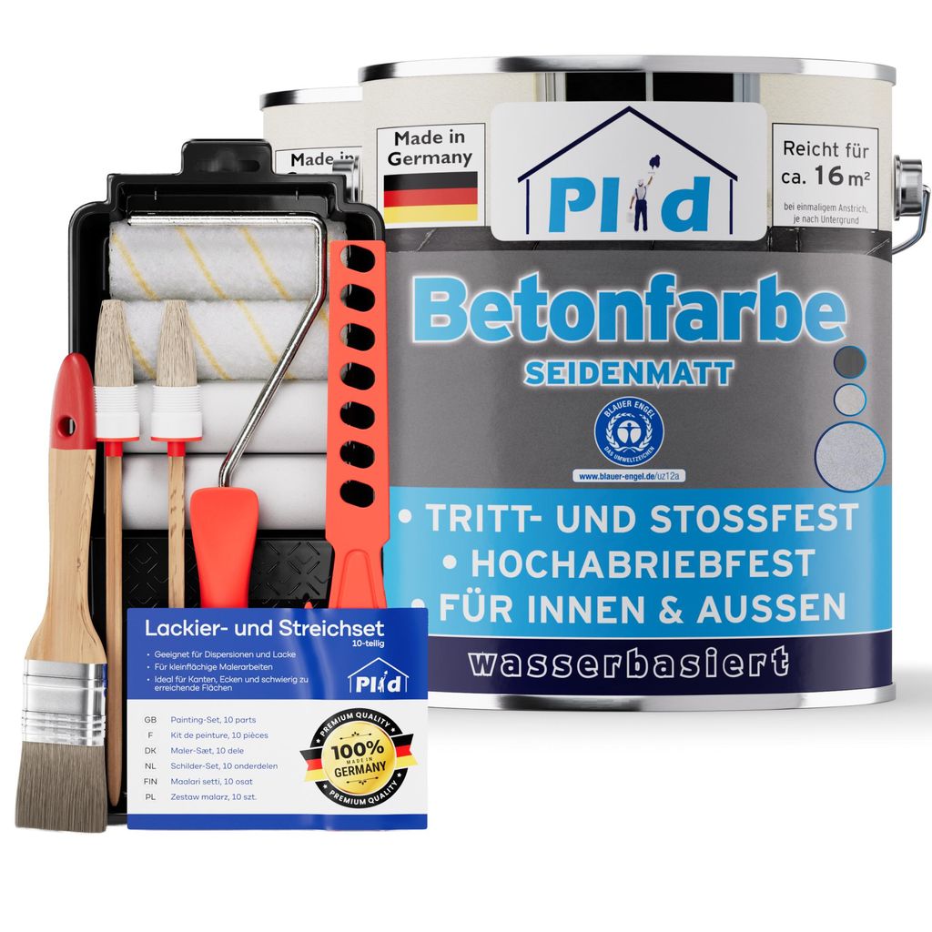 Plid Betonfarbe Silbergrau 1,5L für ca. 16m² mit Anstreichset – Sockelfarbe und Bodenfarbe für Innen & Außen zur Bodenbeschichtung und Renovi...