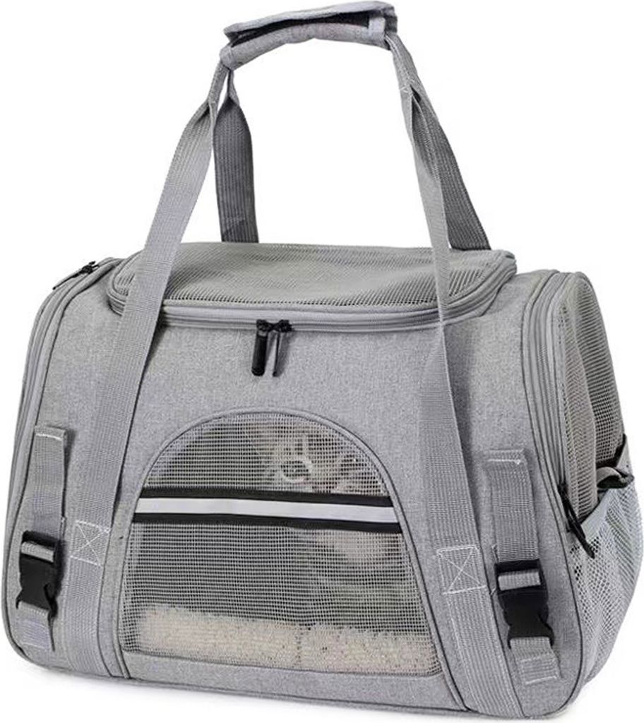 A grey pet carrier bag with a cat inside.