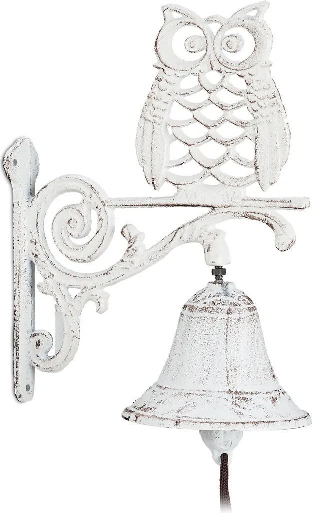Cloche murale en fonte hibou blanc pour jardin et entrée de maison x2