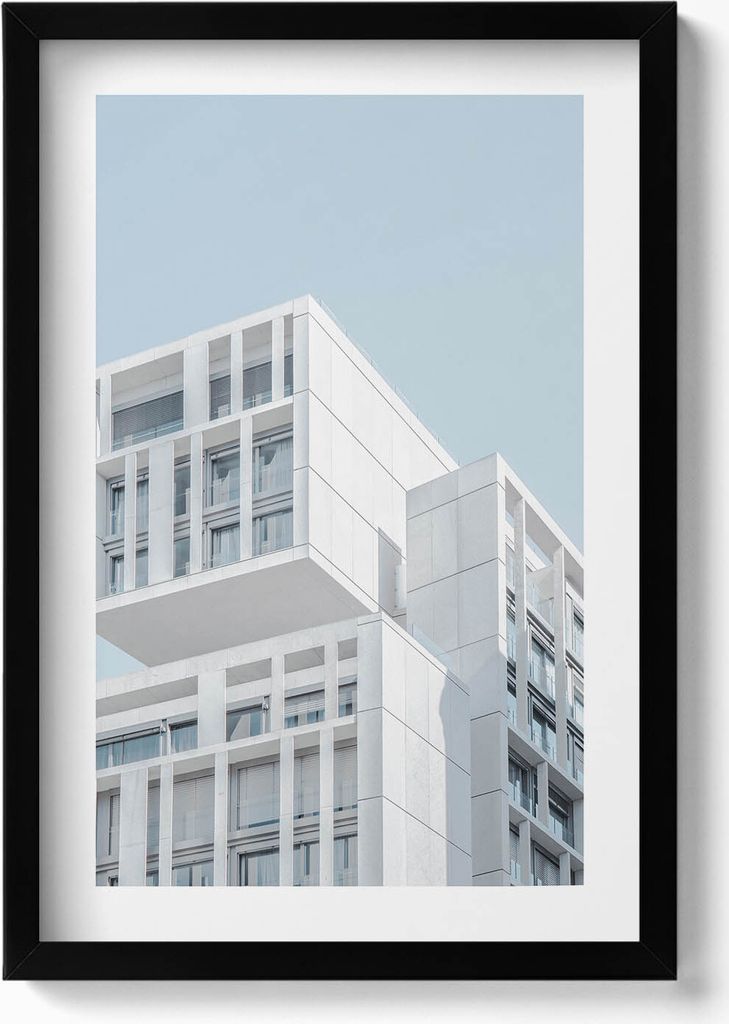 Weiße minimalistische Gebäudearchitektur– Wandbild mit Rahmen – Gerahmtes Bild – Wanddekoration – 40x60 cm – Schwarz