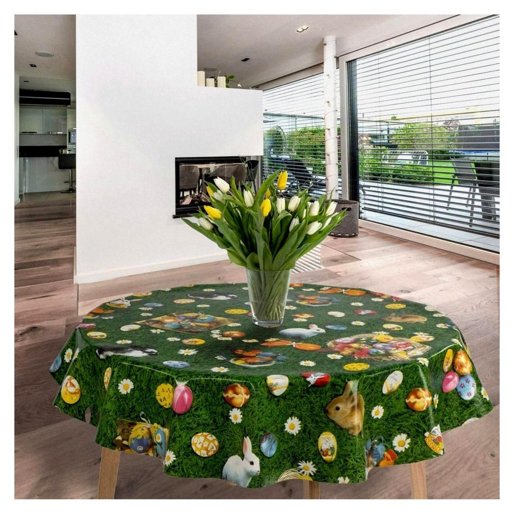 runde Tischdecke aus Wachstuch 140 cm abwaschbar PVC wasserabweisend für Garten, Muster: Ostern Hase Eier