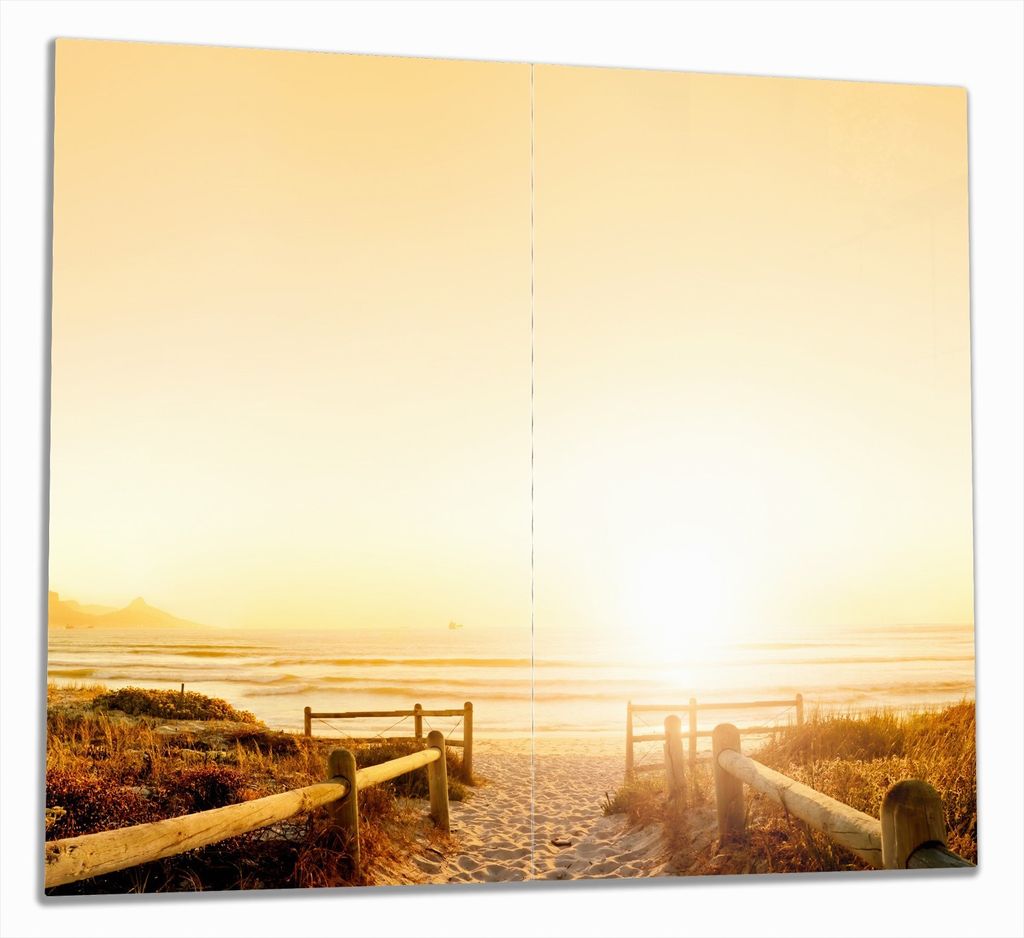 Wallario Herdabdeckplatte aus Glas, Größe 60 x 52 cm 2-teilig, Motiv Strand in Südafrika II - Himmel in orange