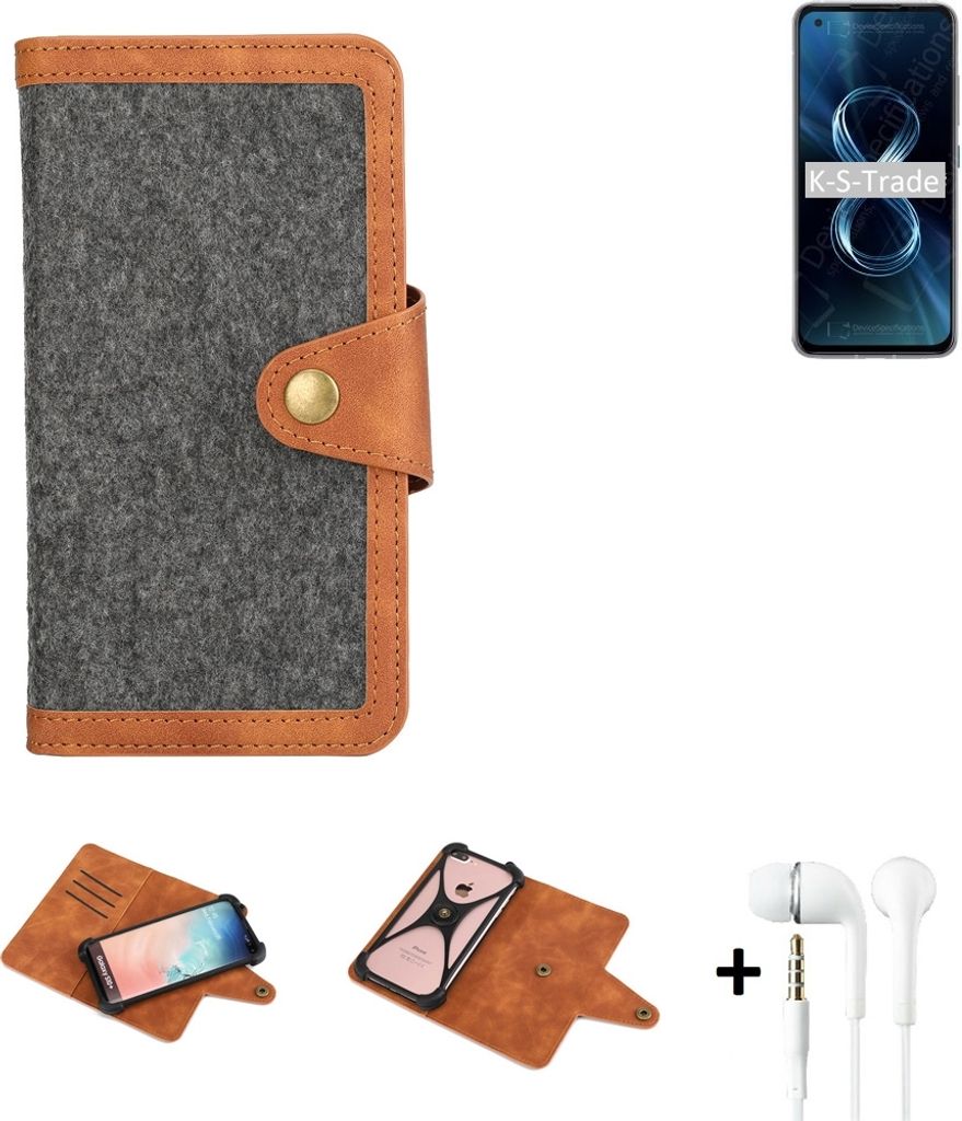 K-S-Trade Handyhülle + Kopfhörer kompatibel mit Asus Zenfone 8 Schutzhülle Filzhülle Kunstleder dunkelgrau braun (1x)