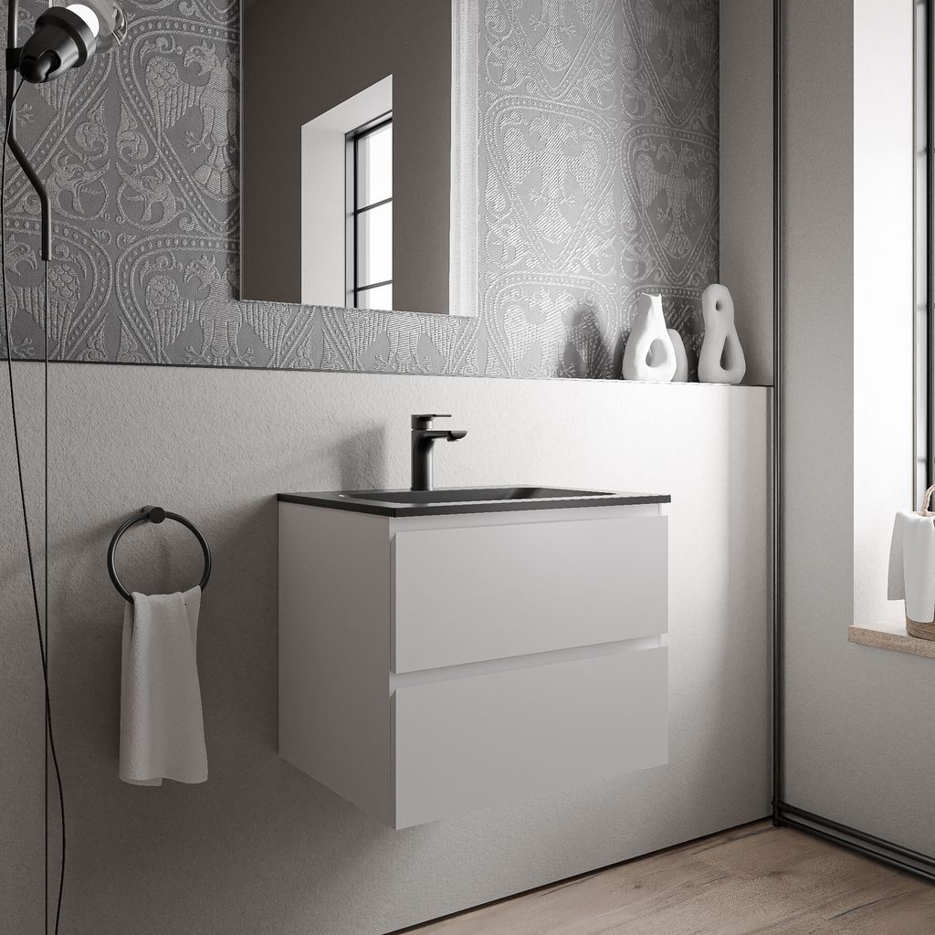 Unterschrank AVA 60 cm mit Mineralguss Waschbecken CREAM - Farbe wählbar, Auswahl Waschbecken:Schwarz matt mit Hahnloch, Farbe Badmöbel:Weiß matt