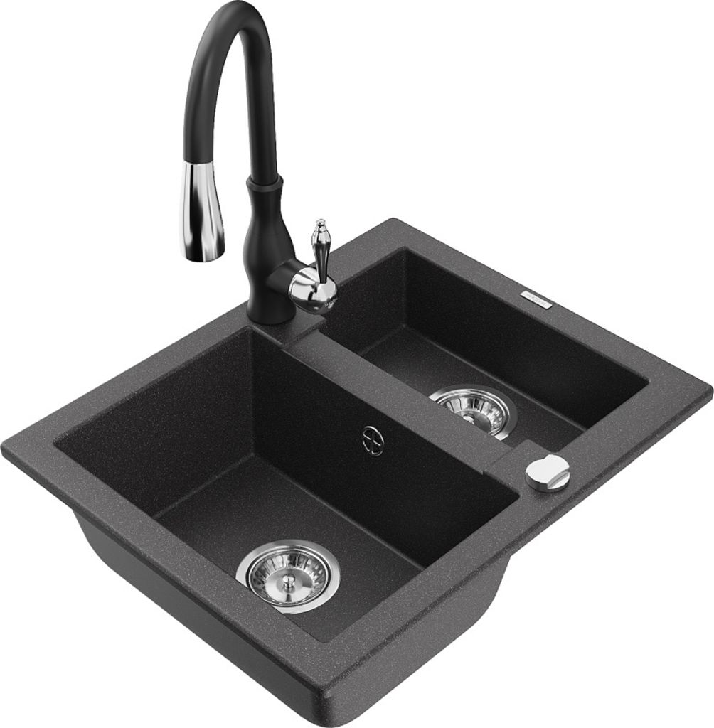 Mexen Carlos 1,5-Becken-Granitspüle mit Mischbatterie Savita, Schwarz gesprenkelt - 6518-76-672601-70