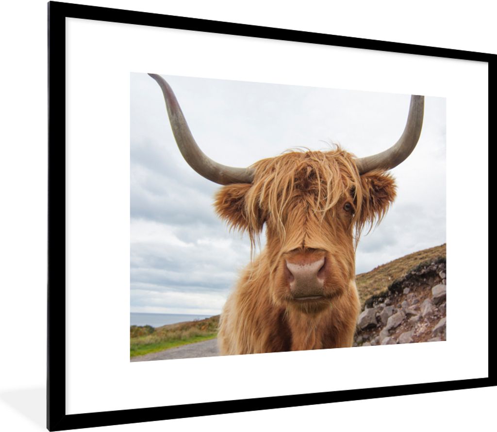 MuchoWow Gerahmtes Poster Schottischer Highlander - Hörner - Berg 80x60 cm - Poster mit Schwarzem Bilderrahmen Wandposter Rahmen Foto Bilder - S...