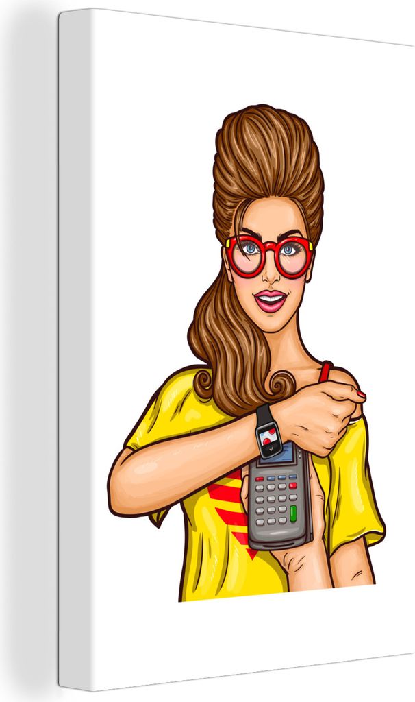 OneMillionCanvasses - Leinwandbilder - 90x140 cm, Pop-Art-Frau mit Taschenrechner und Uhr, Wandbilder Kunstdruck Wanddekoration - Wandschmucke - ...