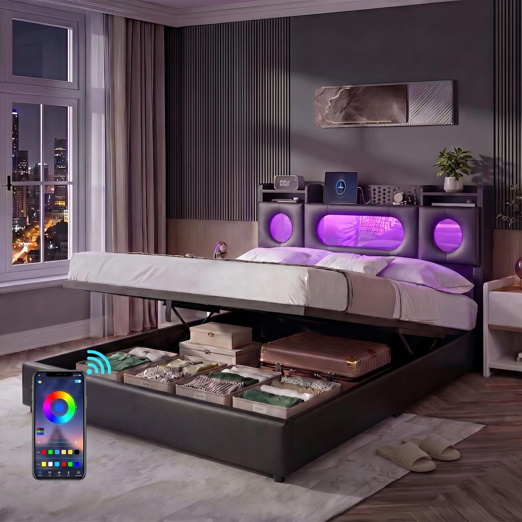 Łóżko platformowe INONEFT, 140x200 cm, z oświetleniem LED i Zdjęcie produktu 