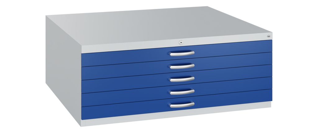 CP 7100 Planschrank lichtgrau, enzianblau 5 Schubladen 110,0 x 76,5 x 42,0 cm