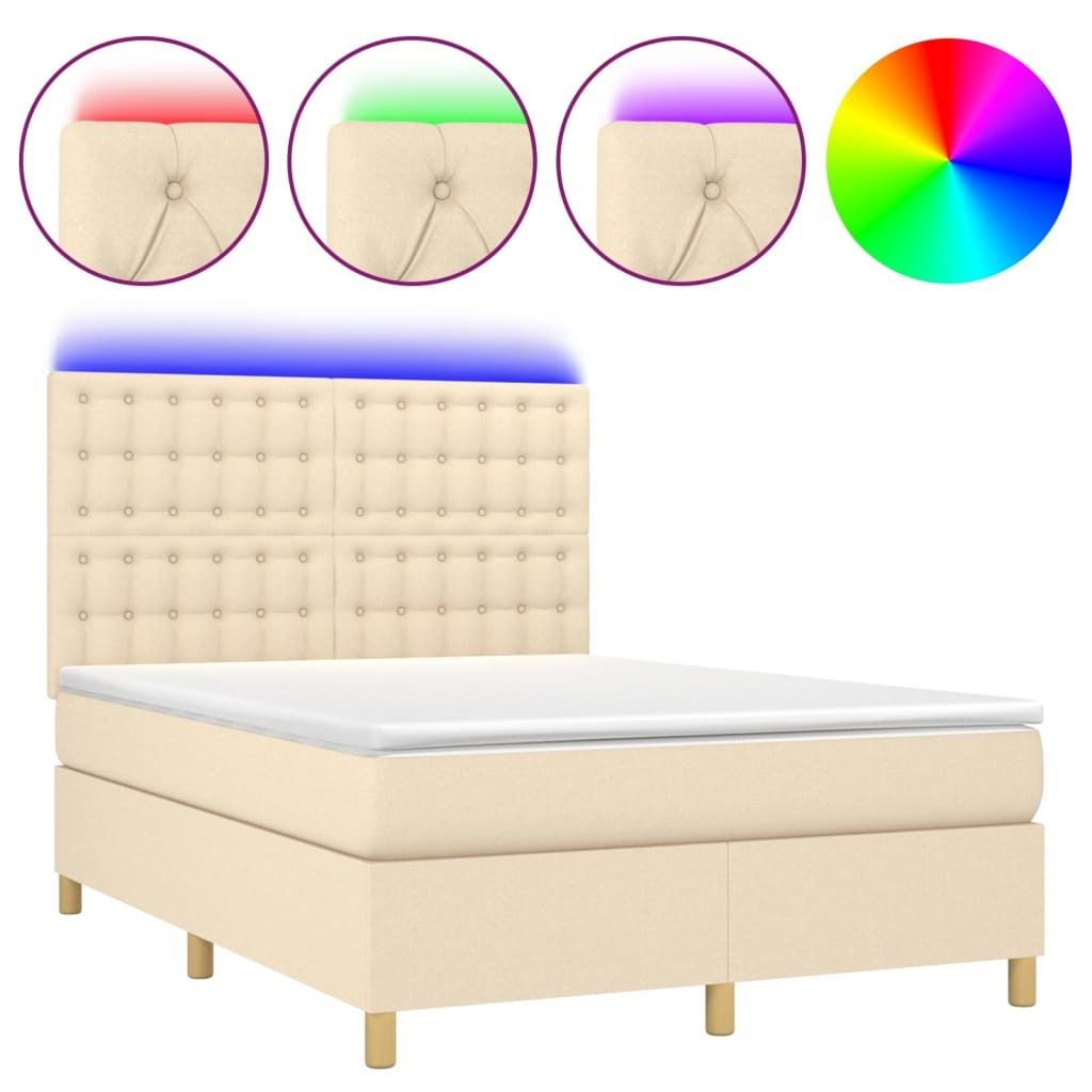 vidaXL Boxspringbett mit Matratze & LED Creme 140x190 cm Stoff