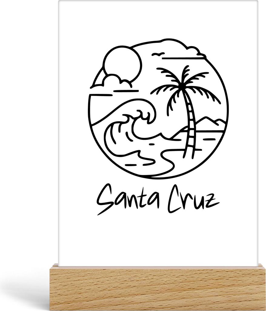 Santa Cruz Acrylaufsteller – Minimalistisches Schwarz-Weiß Line-Art Motiv mit Palme & Welle, modernes Geschenk für Surf-Fans