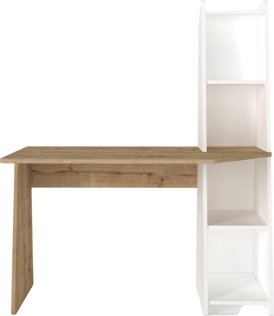 Schreibtisch Emery mit 4 Fächern in Weiß und hellbrauner Holzoptik, 9567