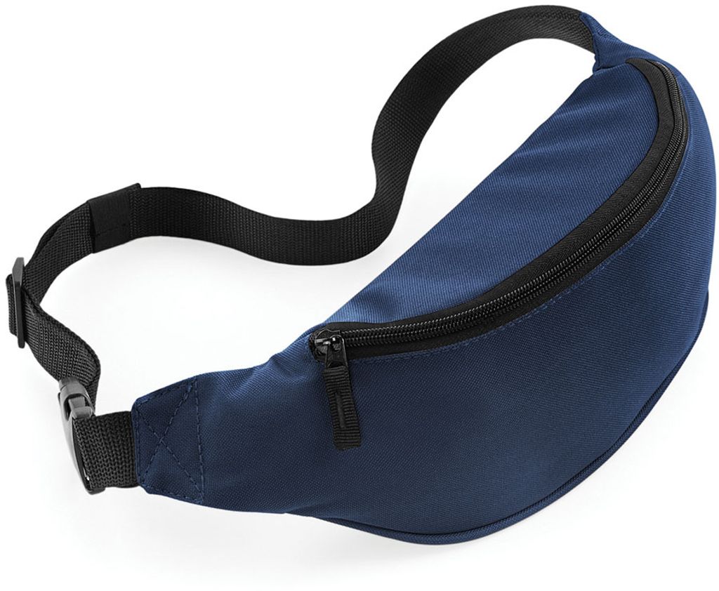 A close-up studio shot of a blue fanny pack against a white background.