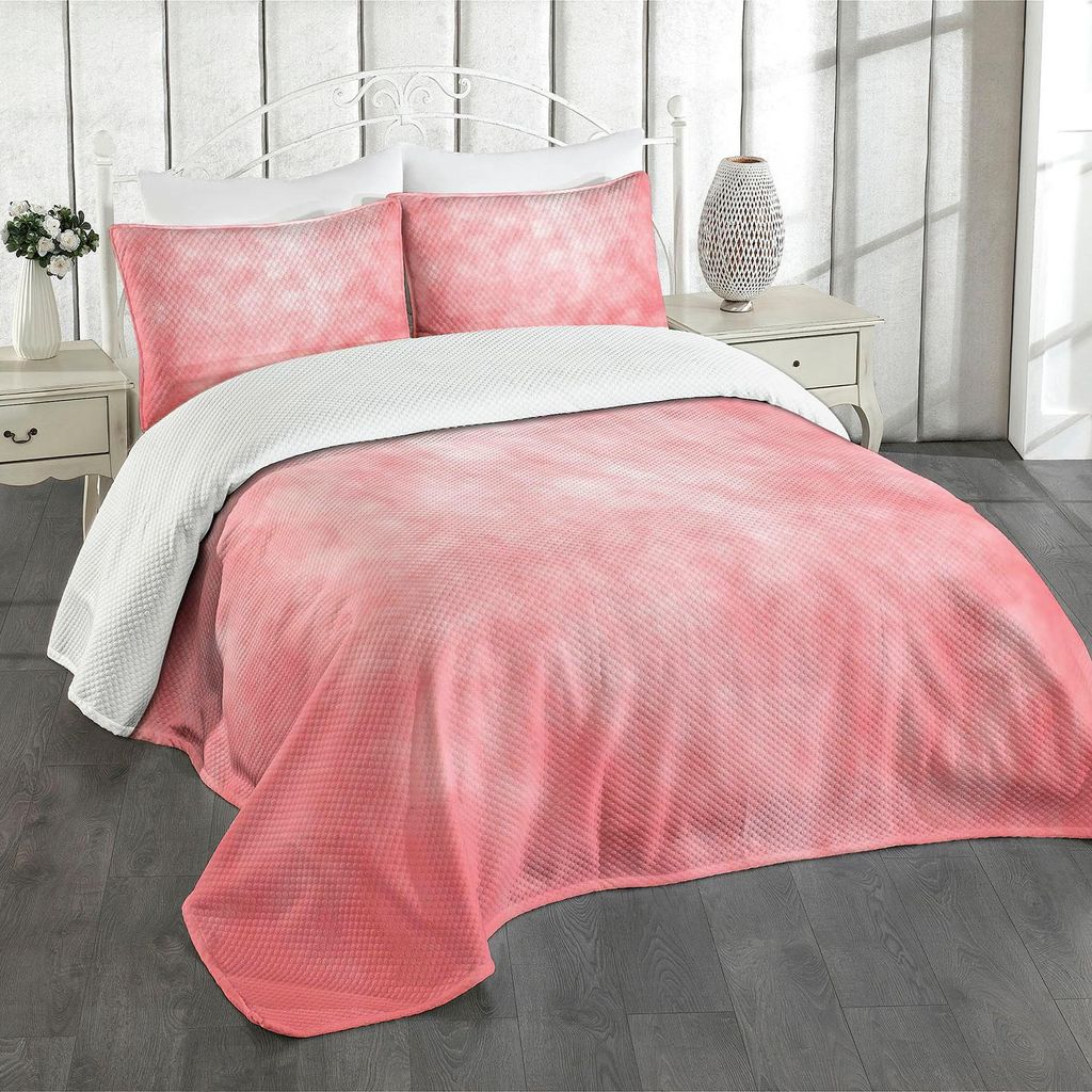 ABAKUHAUS Koralle Tagesdecke Set, Blasse Frühling Aquarell Design Girlish Tie Dye abstrakte Farbe Textur Bild, 220 x 220 cm, Lachs Pfirsich Korall...